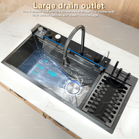 Évier de cuisine cascade en acier inoxydable Éviers à vaisselle à affichage numérique avec égouttoir en relief à fente unique extra large