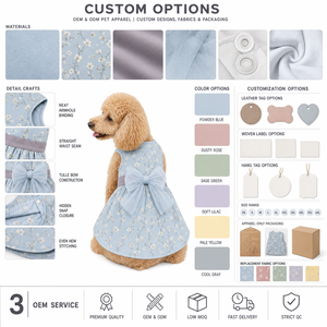 Vestido sin mangas azul claro con estampado floral pequeño para perro, proveedor de ropa para mascotas OEM, falda plisada con lazo grande de tul en la cintura y botón trasero. - Product Image 2