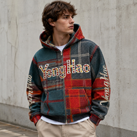 Fabricant de vêtements personnalisés OEM ODM : Sweat à capuche zippé pour homme, motif à carreaux, patchwork, lettres en strass, style streetwear oversize