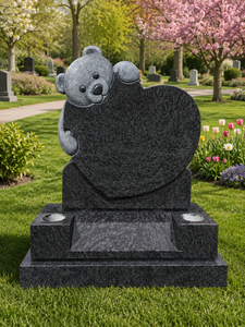 Pierre tombale en granit Teddy Bear en forme de cœur, style américain traditionnel, sculpture sur pierre pour cimetière - Product Image 1