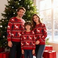 Pull de Noël en tricot 100 % acrylique à motif renne et sapin de Noël, assorti pour toute la famille, faible MOQ, en stock, pas cher