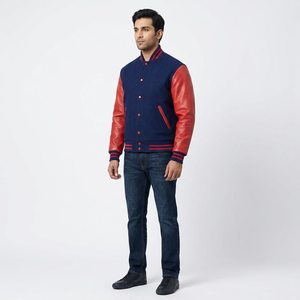 Mens Navy <b>Red</b> Varsity <b>Jacket</b> Contrast Sleeves Stand Collar Cuffs Hem Covered Button Closure Custom Outerwear <b>Waterproof</b> - Product Image 1