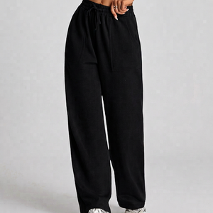 Pantalon en molleton de coton noir pour femme, coupe ample à jambe large, taille mi-haute avec cordon de serrage, décontracté, longueur intégrale, couleur unie, style automne - Product Image 1
