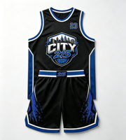 Camisetas de Baloncesto Juveniles Personalizadas |   Poliéster Ligero y Transpirable en Negro con Contraste Azul |   Más de 50 diseños de equipos resistentes a la decoloración por lavado