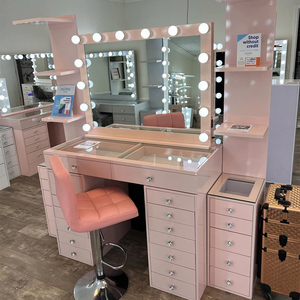 <span class=keywords><strong>Table</strong></span> de toilette moderne de luxe en bois avec <span class=keywords><strong>miroir</strong></span> LED, bureau de maquillage Hollywood avec tiroirs, station de charge pour chambre à coucher - Product Image 1