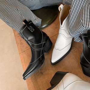 Cialisa-zapatos de diseñador de cuero genuino para mujer, <span class=keywords><strong>botas</strong></span> de tacón medio grueso con punta estrecha, botines de vaquero occidental, color blanco, Otoño e Invierno - Product Image 5