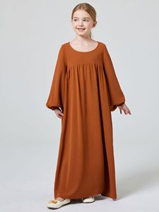Robe longue musulmane <span class=keywords><strong>pour</strong></span> <span class=keywords><strong>jeunes</strong></span> filles de Dubaï, couleur unie, manches plissées élastiques, <span class=keywords><strong>pour</strong></span> l'automne et l'hiver - Product Image 1
