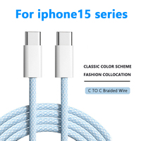 Câble de charge rapide et de transfert de données USB-C vers USB-C en nylon tressé blanc/bleu pour iPhone 15 Series, longueur 1M/2M, vente en gros