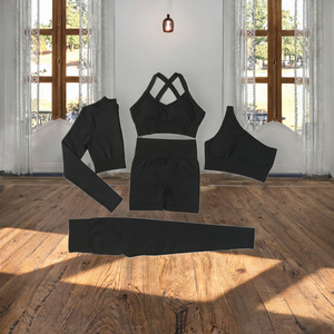 Conjunto de Yoga y Fitness Reversible Transpirable de 5 Piezas para Mujer al por Mayor, Ropa de Gimnasio sin Costuras con Tirantes Cruzados Elásticos - Product Image 3