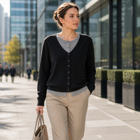 Cardigan en tricot doux pour femme, col en V, effet deux pièces, faible MOQ, idéal pour l'automne et l'hiver, vêtement quotidien