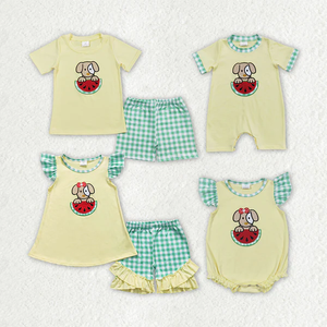 Conjunto de Ropa Amarilla para Bebé Niño con Bordado de Perro y Sandía, para Hermanos - Product Image 1
