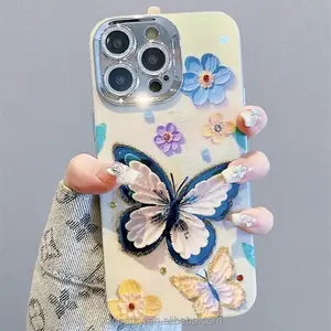2024 Blue Light Dot Diamond Oil Painting Butterfly Portable Phone Case 14 For 13 12 11 Protective Case For IPhone15proma