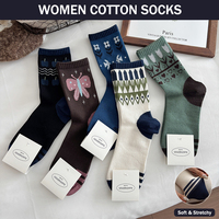 Chaussettes en coton pour femmes, motif floral rétro, papillon, géométrique, mi-mollet, douces, extensibles, pour usage quotidien, vente en gros