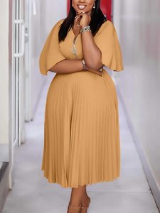 Robes d'été élégantes grande taille, décontractées, à manches courtes, col en V, mi-longues, plissées, avec fermeture éclair, style africain, pour le bureau. - Product Image 2