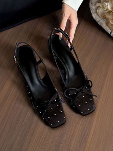 Sandalias de Tacón Alto con Punta en Pico y Tira Trasera con Lazo de Satén Negro para Mujer, Tacón Grueso, Elegantes para Fiesta - Product Image 5