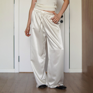 Lazy Style Basic Solid Color Elastic Drawstring <b>Tie</b> Silk Satin Casual Pants Home Wear Draped Versatile Straight Leg Long Pants - Product Image 1