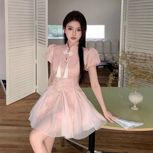 Traditional Chinese Dress Women Light Pink Short Sleeve Solid Color Splicing Irregular Party Dress Polyester Fabric - Product Image 1