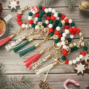 Christmas Gift Christmas Silicone Beaded Tree Print Beads Pu Leather Tassel Wristband Bracelet Keychain