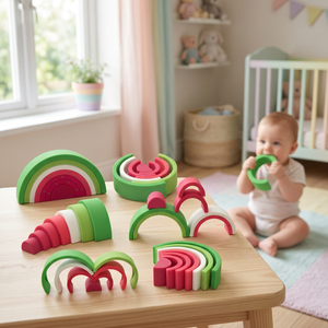 Juguetes apilables de silicona con forma de sandía para educación temprana, venta al por mayor, bajo MOQ, mordedores suaves para bebés sin BPA - Product Image 1