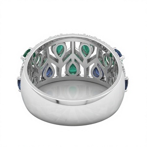 Bague de fiançailles et d'anniversaire classique en or plaqué 18 carats avec émeraude et saphir bleu, et diamants naturels pour femme, plaqué or - Product Image 4