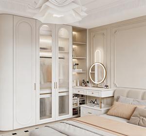 Dressing de luxe français 2026 avec porte en verre cintrée et quincaillerie dorée |   Armoire de chambre à coucher sur mesure du sol au plafond avec éclairage LED - Product Image 3