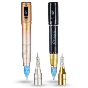 Máquina de maquiagem permanente rotativa sem fio preta com 2pcs cabeças de cartucho com agulha universal para tatuagem sobrancelha delineador labial