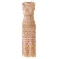 Robe Midi Tricotée Sans Manches à Rayures Ondulées Color Block, Col Rond Minimaliste, Style Tendance, Élégante pour Femme