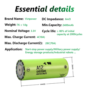 แบตเตอรี่ลิเธียมไอออน VICTPOWER กำลังสูง 3.3V 2500mAh 70A แบบปล่อยประจุ Lifepo4 รุ่นทรงกระบอก A123 26650 ANR26650 A123 26650 - Product Image 4