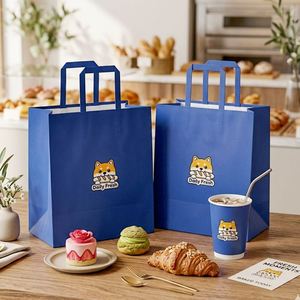 Custom <b>Biodegradable</b> Eco-Friendly Disposable Kraft Paper Tote Bags for Baking Desserts Food <b>Packaging</b> Flat Handles - Product Image 6