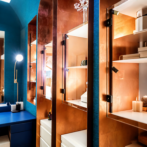 Vitrina de exhibición de lujo moderna y minimalista con iluminación LED, arco de vidrio con marco dorado - Product Image 3