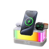 Kleurrijke Multifunctionele Rgb Nachtlampje Muziek Bt Speaker Wekker 15W Magnetische 6 In 1 Draadloze Oplader Mobiele Telefoon Houder