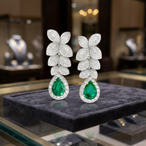 Pendientes de lujo de oro blanco con diseño de lágrima de esmeralda y hoja de diamante para mujer, joyería de boda - Product Image 3