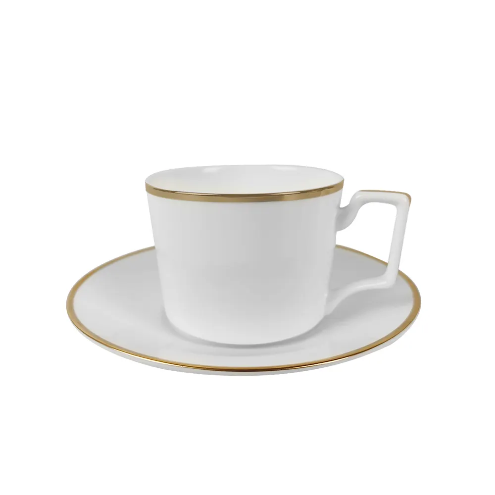 Hotel Restaurant Bulk Gold Rand Bone China weiß Porzellan geprägt Keramik Kaffee Tee Tasse und Untertasse Großhandel benutzer definierte Logo