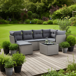 Grey Pe <b>Rattan</b> Garden <b>Sofa</b> Set With Tempered Glass And Powder Coated Steel Frame Outdoor Furniture 6 Seater Contemporary Design - Product Image 2