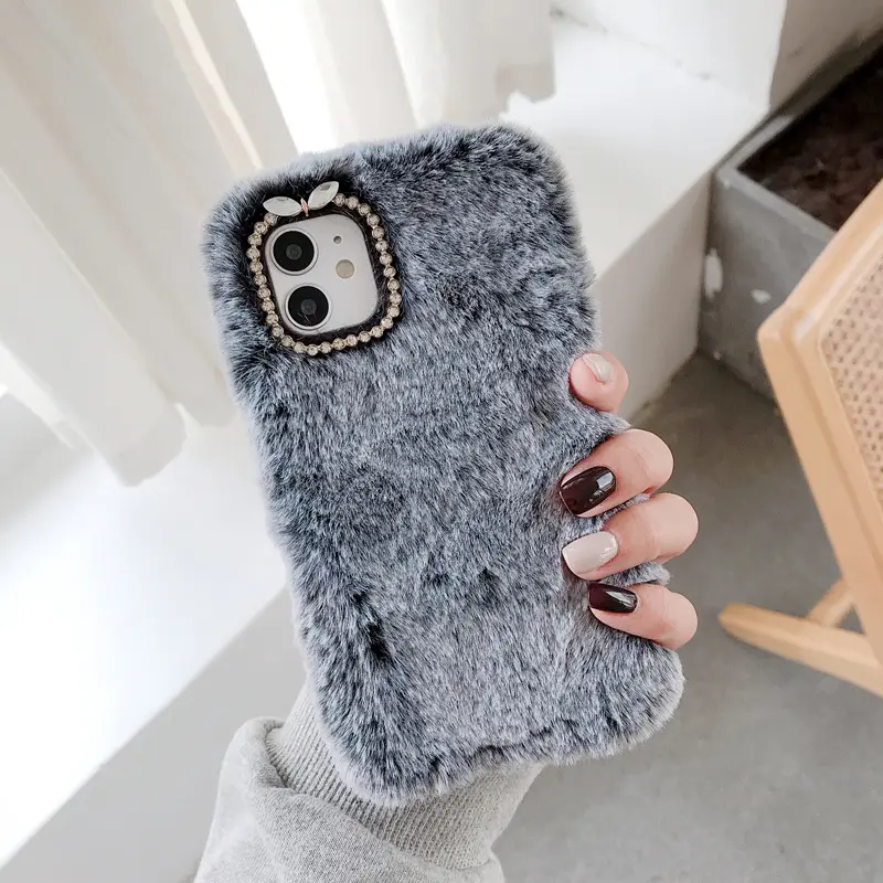 Newest Bling Diamond Cute Fluffy Rabbit Hair Fur Soft Tpu Case For IPhone 12