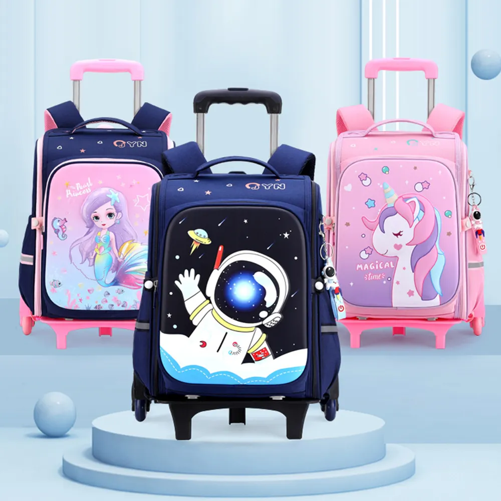 Primary Student Burden Relief Ridge Protection Cartoon Cute Backpack High Quality Trolley School Bag with Wheel