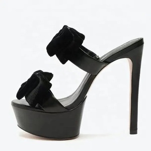 Mules à talons aiguilles pour femmes, sandales à talons fins et hauts, avec nœud en tissu floqué, plateforme épaisse, pour soirée, club, été, chaussures de soirée - Product Image 4