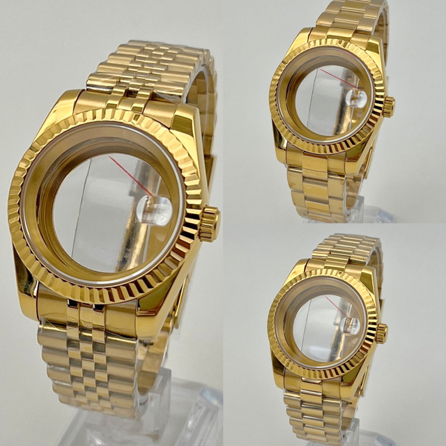 Luxury Full Gold 36mm/39mm Stainless Steel Watch Case with Sapphire Glass & Adjustable Strap Set Compatible NH35 NH36 Movement