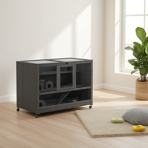 Grande cage à hamster en bois à 3 niveaux, gris foncé, avec roulettes et centre d'activités à bascule, habitat pour petits animaux - Product Image 2