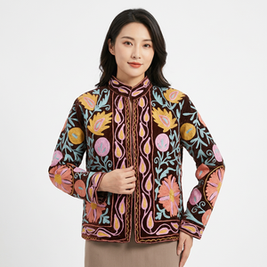 Handmade Multicolor Suzani Embroidered <b>Velvet</b> Cotton <b>Jacket</b> <b>Women</b> Breathable Floral Design Eco-Friendly Quilted Artisan - Product Image 1