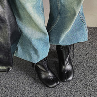 OEM/ODM 2025 nouvelles bottines mi-mollet en cuir de vachette pour femmes 7.5cm talon épais avec nœud de style occidental couleurs unies conception à bout fendu