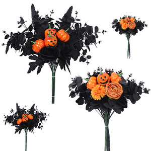 Ramo decorativo de Halloween fácil de conseguir, flores de seda, hojas negras, calabazas naranjas para el hogar, boda, accesorios para exteriores - Product Image 4