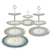 Service de table en porcelaine fine de style moderne et luxueux, imprimé géométrique bleu et or, pour hôtels, banquets et mariages