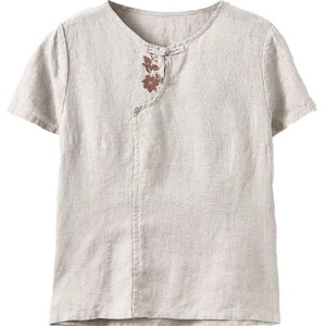 Women's Short Sleeve Cotton Linen Chinese Style Blouse Summer Casual Top White Linen Color Loose Fit Everyday Wear - Product Image 5