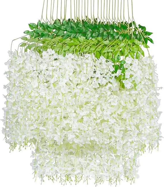 GM White Wisteria Hängende Blumen 12er Pack 3,6 Fuß/Stück Künstliche gefälschte Glyzinien Rebe Rattan Hängende Girlande Seiden blumen