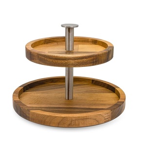 Présentoir à gâteau rond à 2 niveaux avec assiette en bois de manguier et base de couleur naturelle Présentoir à gâteau de fête de mariage à la maison - Product Image 4