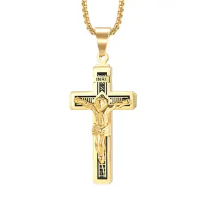 SSN110 Catholic Jesus Christ on INRI Cross Crucifix Gold Silver Tone Stainless Steel Pendant Necklace Boy Gift