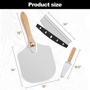 Juego de espátulas para pizza de metal de 12*14 pulgadas con mango de madera plegable, incluye <span class=keywords><strong>pala</strong></span> para voltear pizza, cortador de pizza de aluminio y espátula para servir pasteles - Product Image 2