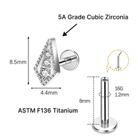 JiaXin ASTM-F136 G23 Titanio Push Pin Sin Rosca para Labret, Medusa, Forward Helix, Lobe, Flor, Circonita Cúbica, Joyería Corporal 16G