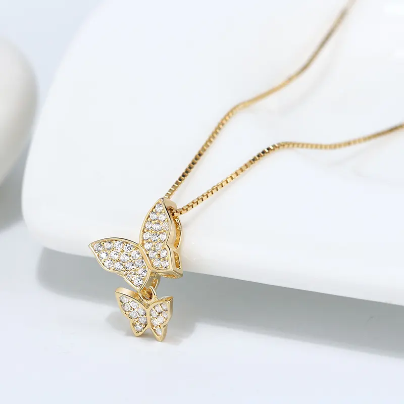 RINNTIN kelebek takı kadınlar zarif altın gümüş 18K altın kaplama kızlar için CZ kolye muhteşem kristal kelebek kolye